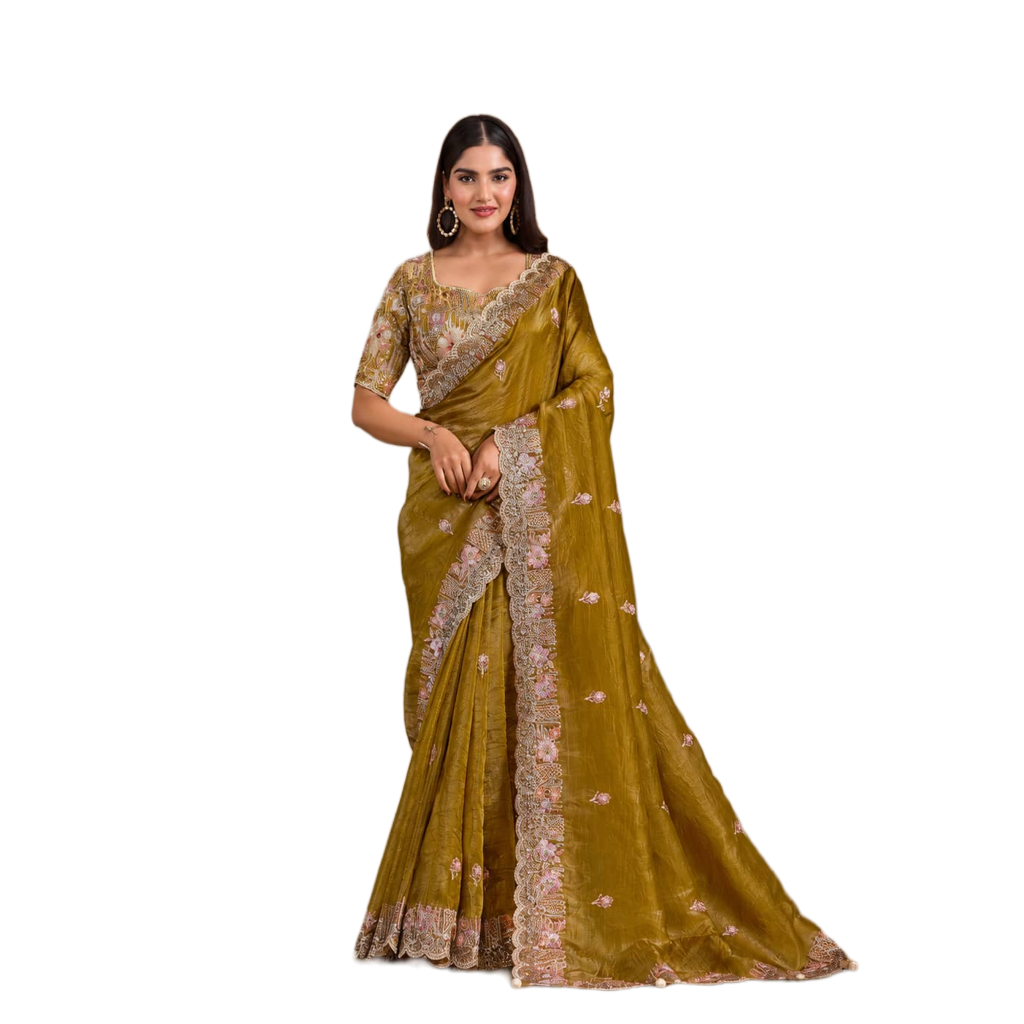 Gold Crush Paper Silk Handwork Saree