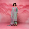 Luxury lime green and teal muslin unstitched salwar kameez with designer chinon dupatta