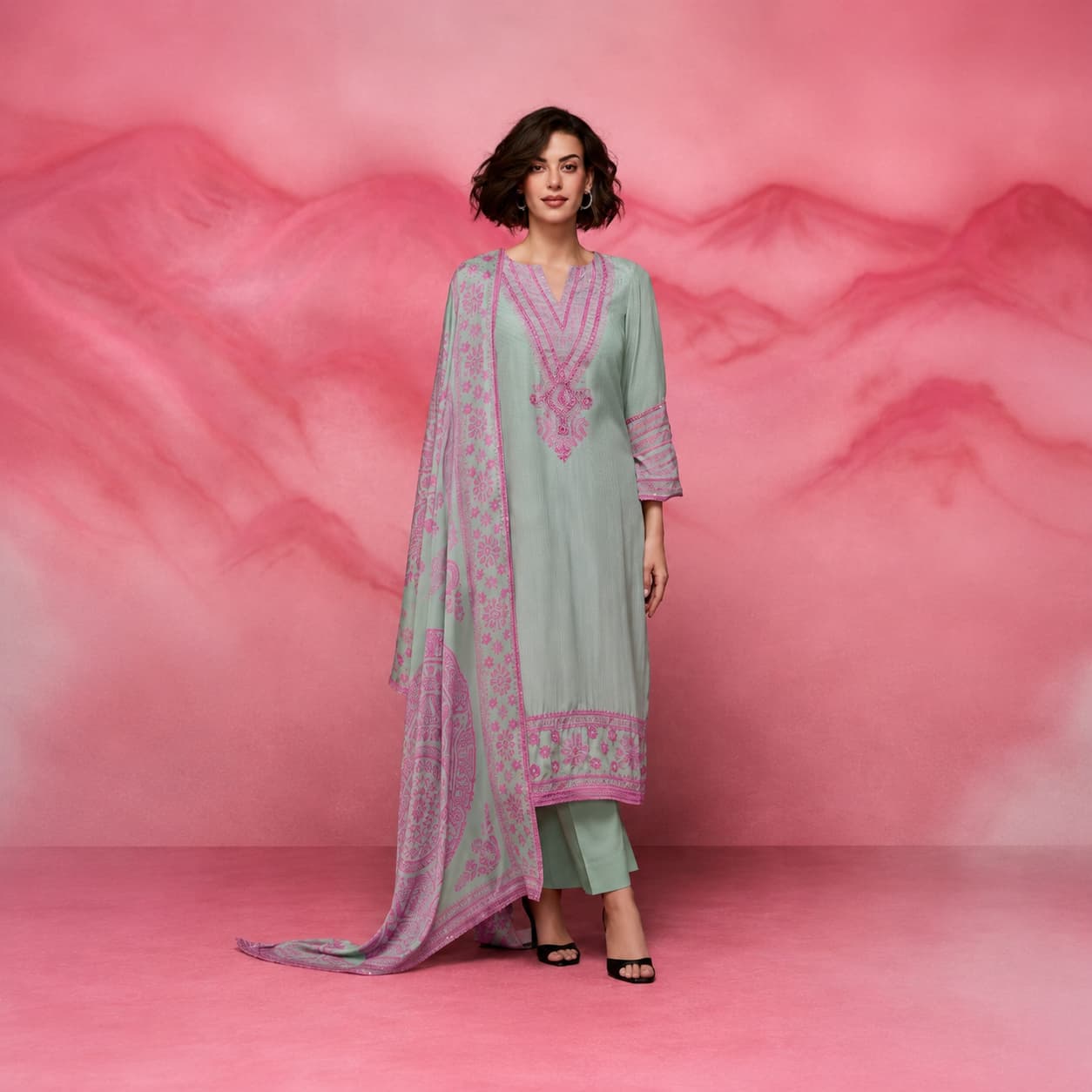 Luxury lime green and teal muslin unstitched salwar kameez with designer chinon dupatta