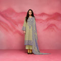 Sand Beige Pure Muslin Digital Print Salwar Suit with Lavender Embroidery
