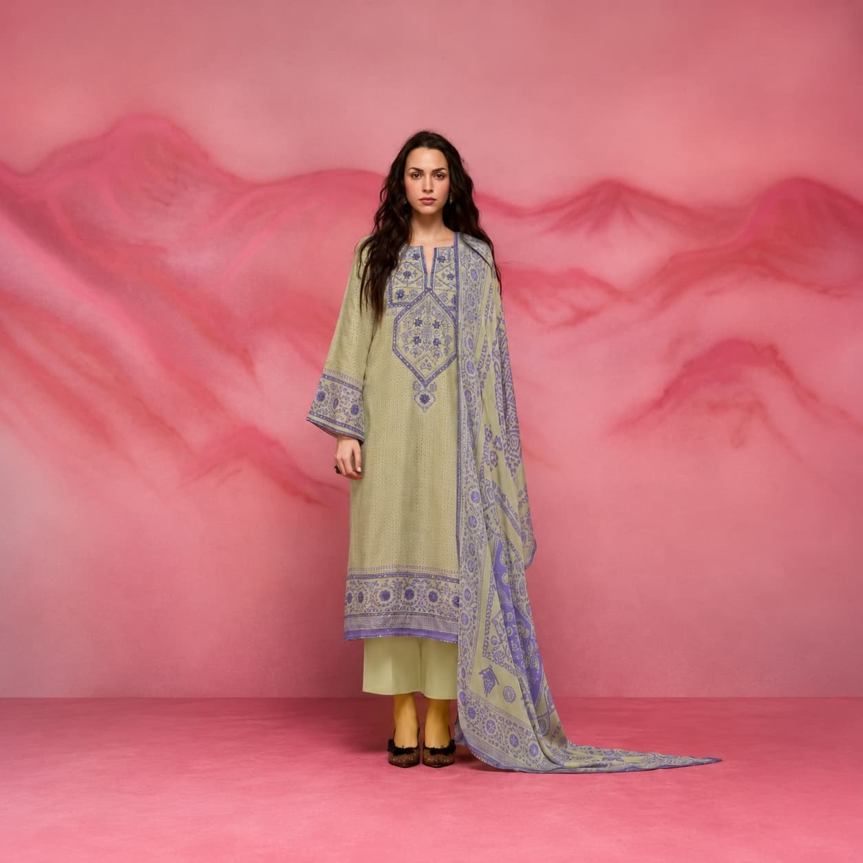 Elegant ivory and black muslin embroidered unstitched salwar kameez with printed chinon dupatta
