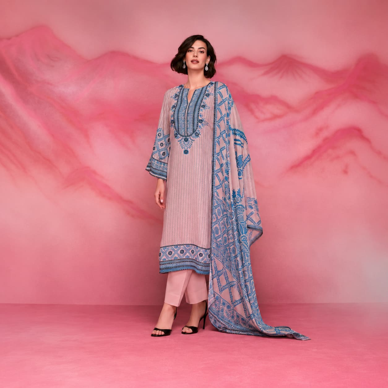 Blush Pink Pure Muslin Digital Print Salwar Suit with Slate Blue Embroidery