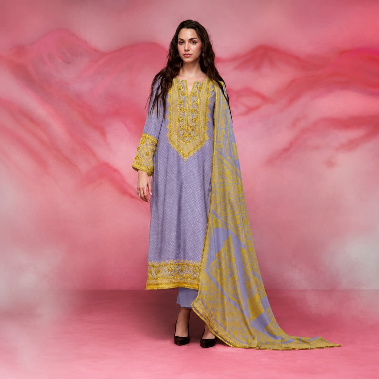 Lavender Pure Muslin Digital Print Salwar Suit with Mustard Yellow Embroidery