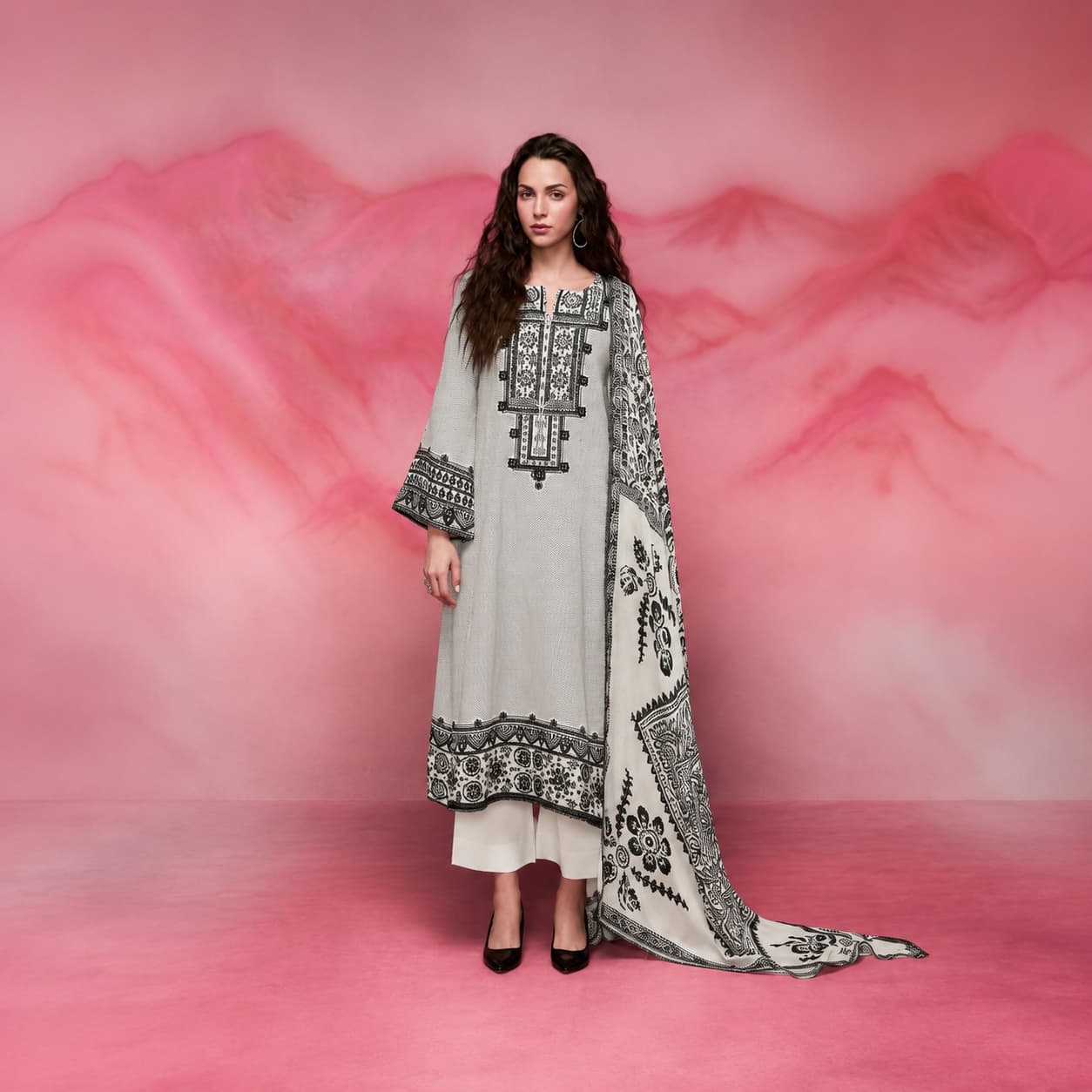 Mint green and pink muslin embroidered unstitched salwar kameez with chinon dupatta