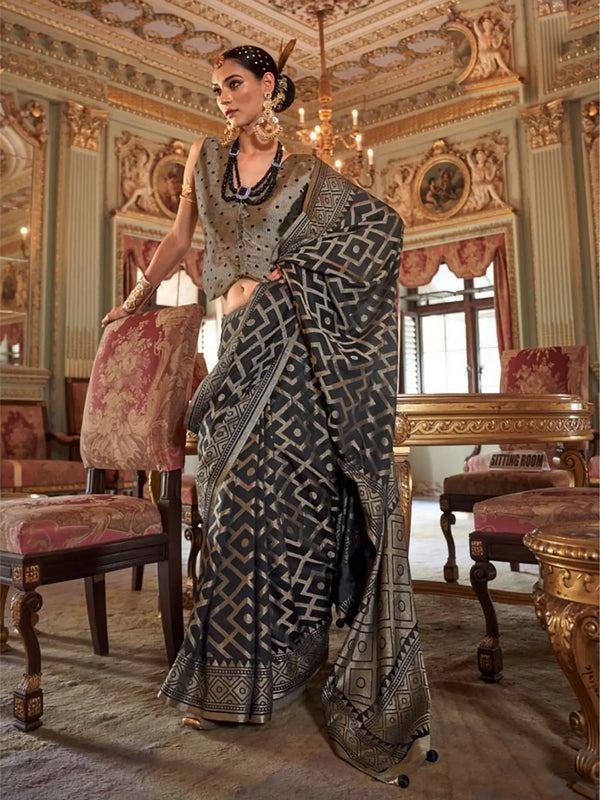 charcoal black georgette printed saree full drape view