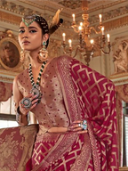 maroon wine georgette printed saree torso and blouse styling view