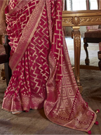 maroon wine georgette printed saree pallu and print detail close-up