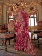 maroon wine georgette printed saree full drape view