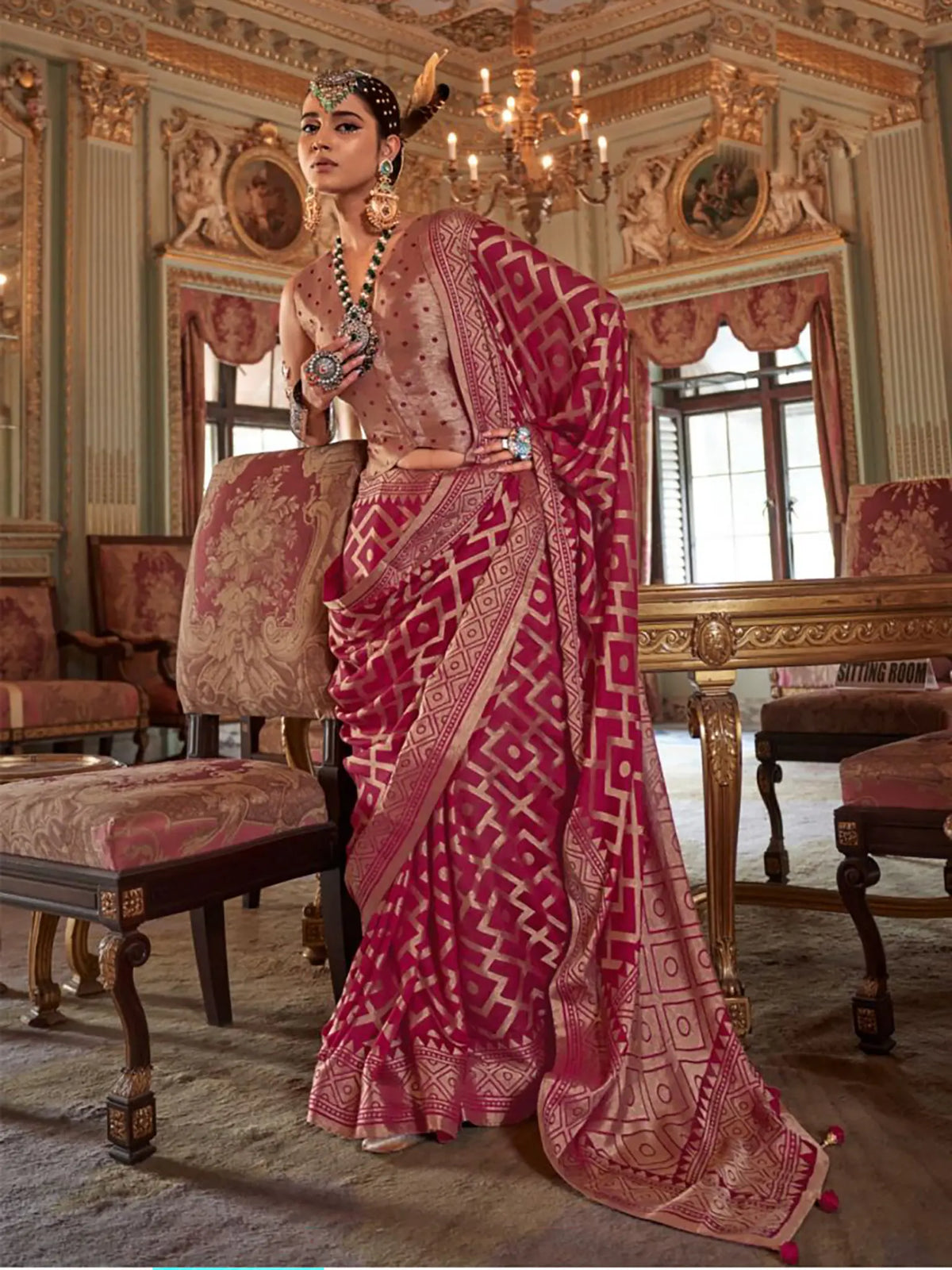 maroon wine georgette printed saree full drape view