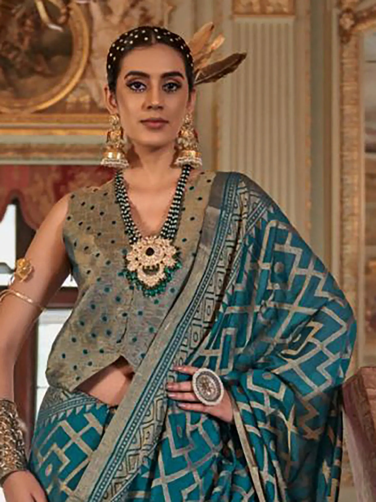 teal blue georgette printed saree torso and blouse styling view