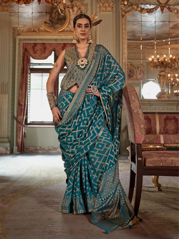 teal blue georgette printed saree full drape view