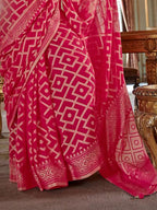 hot pink georgette printed saree pallu and print detail close-up