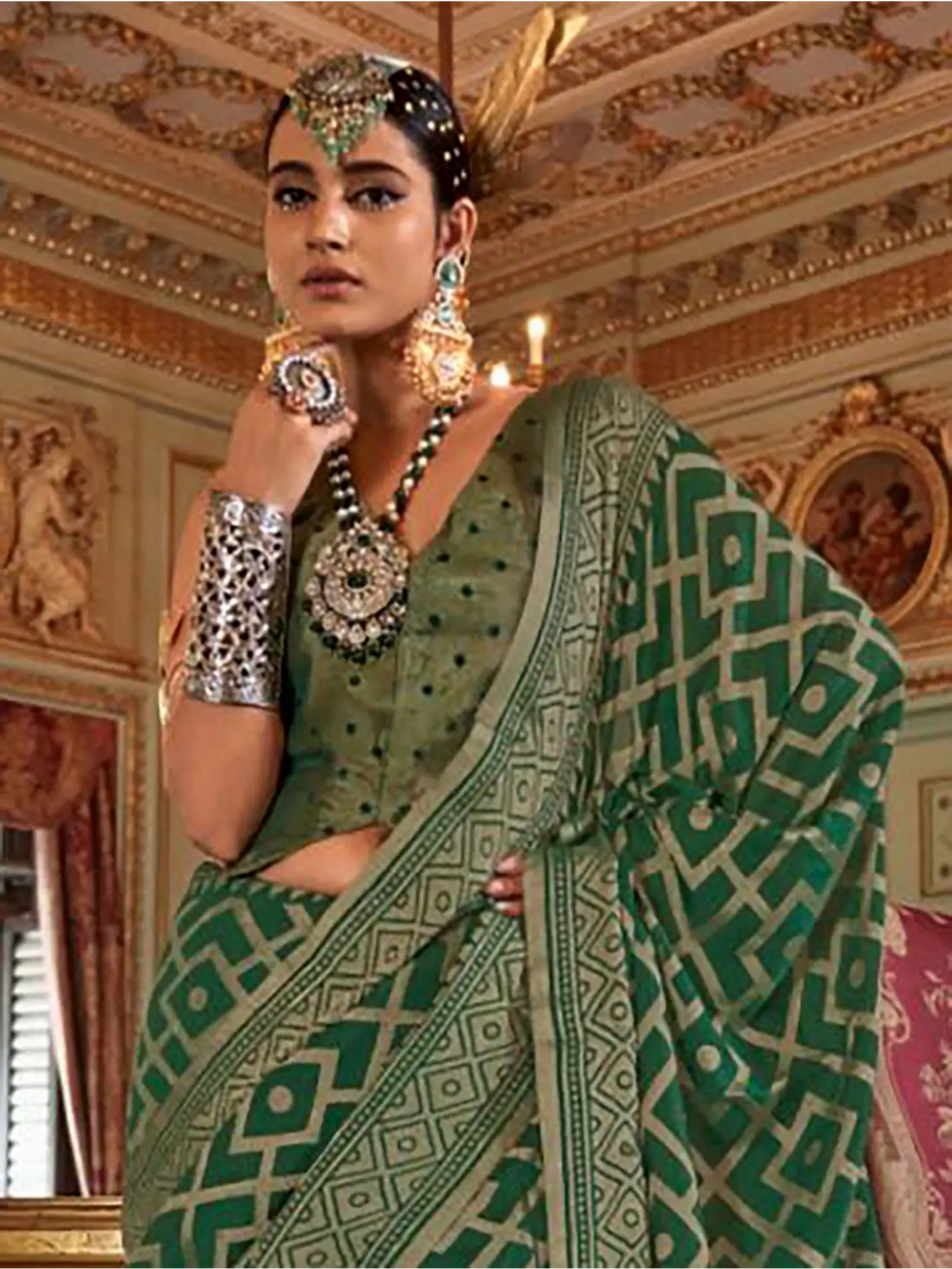emerald green georgette printed saree torso and blouse styling view