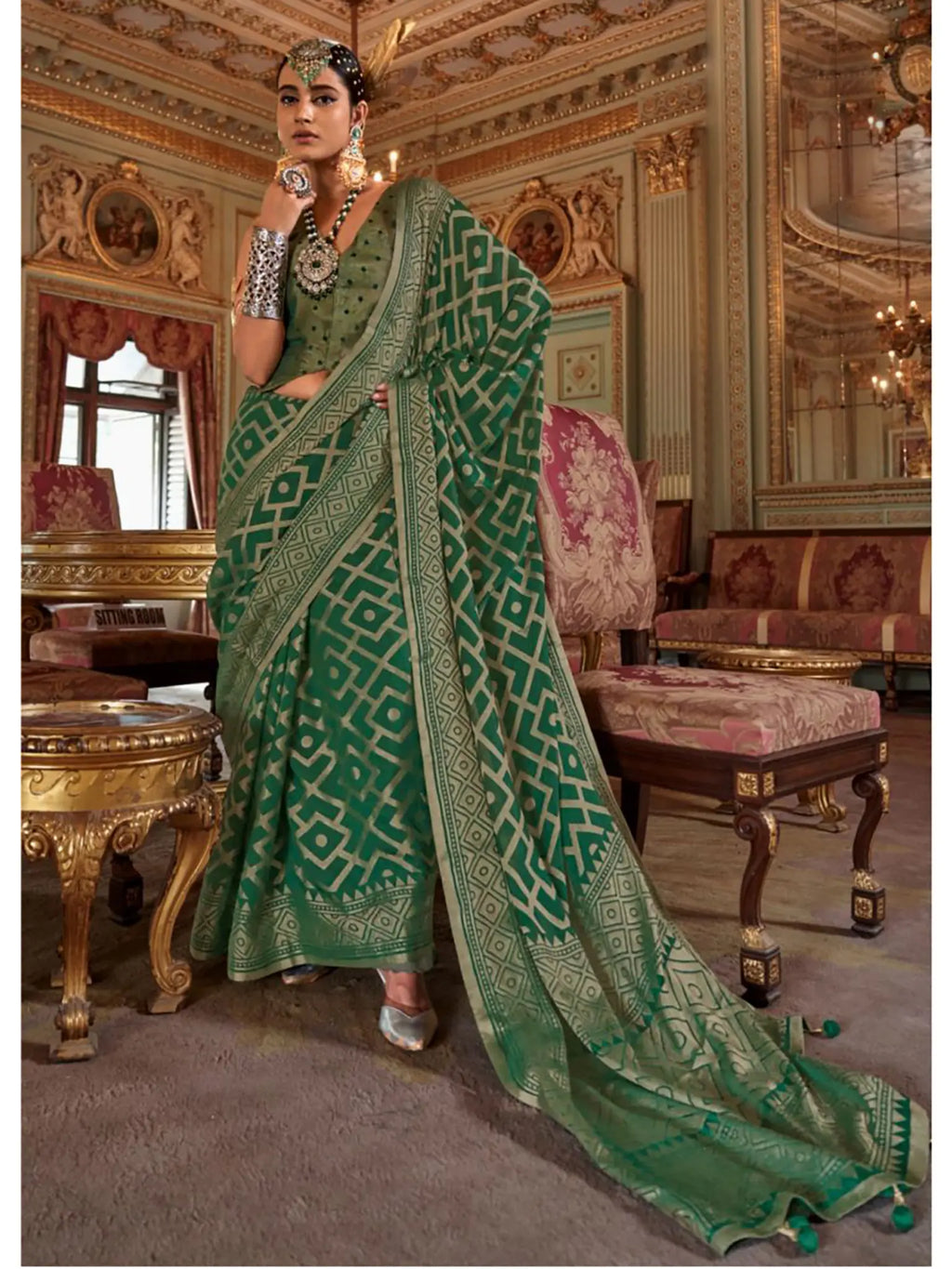emerald green georgette printed saree full drape view