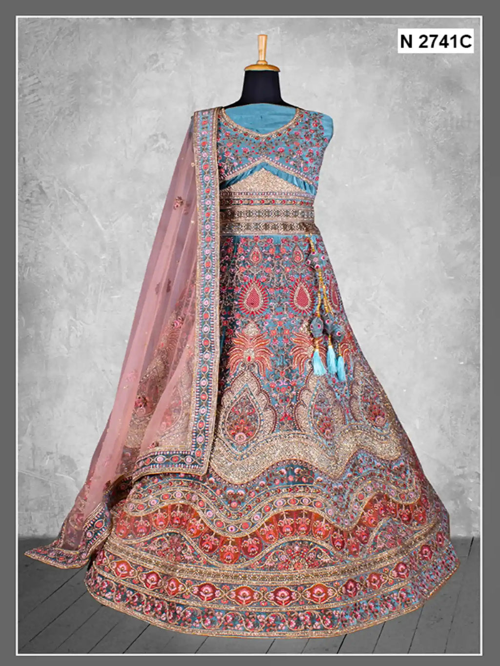 Teal Blue Heritage Embroidered Velvet Semi-Stitched Brides Lehenga Choli - Fabric Close-up