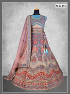 Teal Blue Heritage Embroidered Velvet Semi-Stitched Brides Lehenga Choli - Fabric Close-up