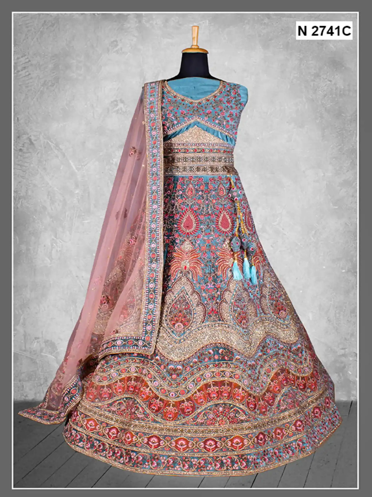 Teal Blue Heritage Embroidered Velvet Semi-Stitched Brides Lehenga Choli - Fabric Close-up
