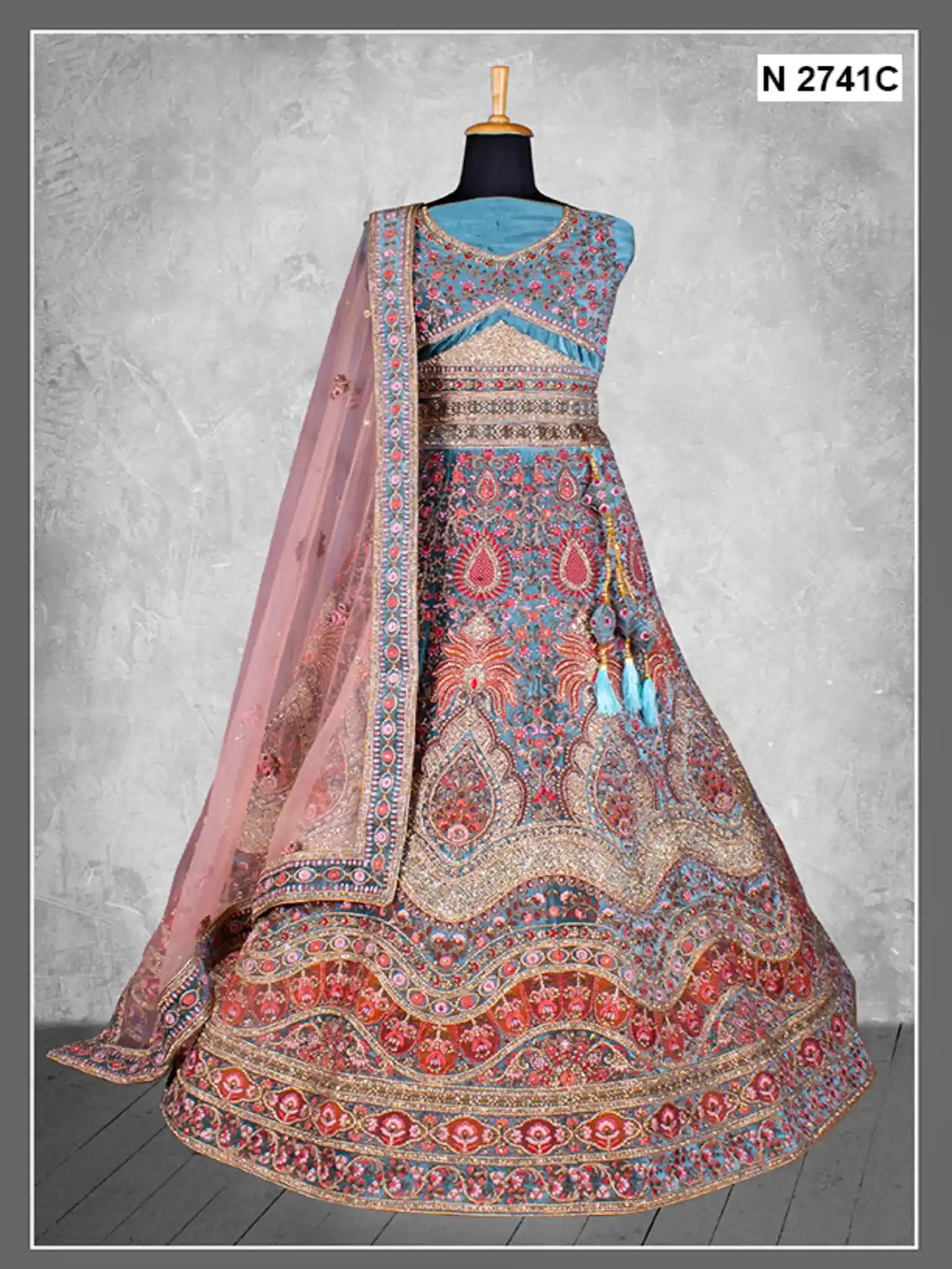 Teal Blue Heritage Embroidered Velvet Semi-Stitched Brides Lehenga Choli - Front View