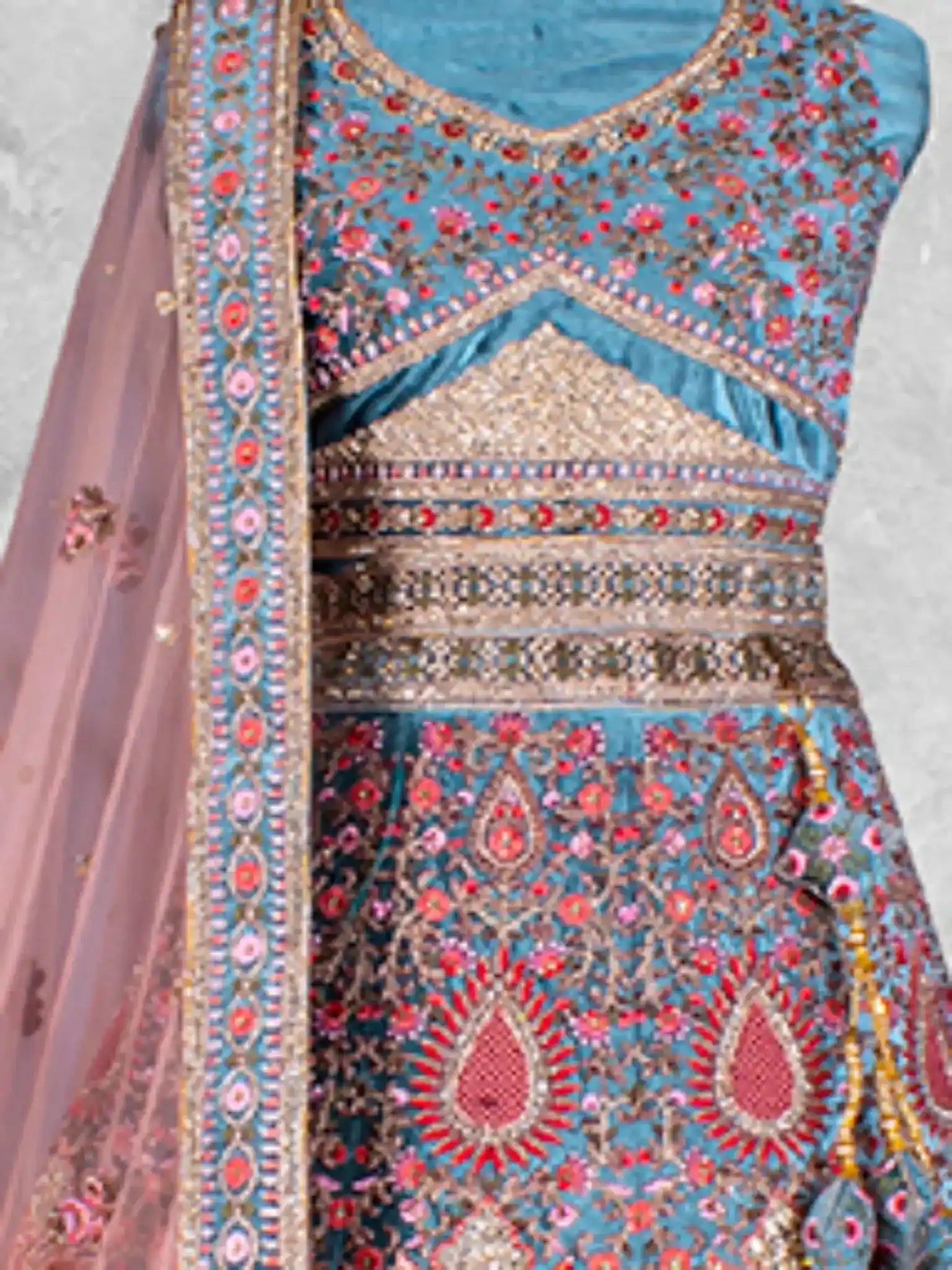 Teal Blue Heritage Embroidered Velvet Semi-Stitched Brides Lehenga Choli - Detail View 1
