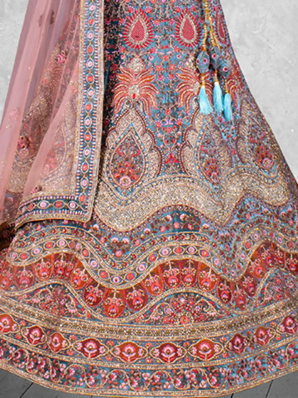 Teal Blue Heritage Embroidered Velvet Semi-Stitched Brides Lehenga Choli - Detail View 2