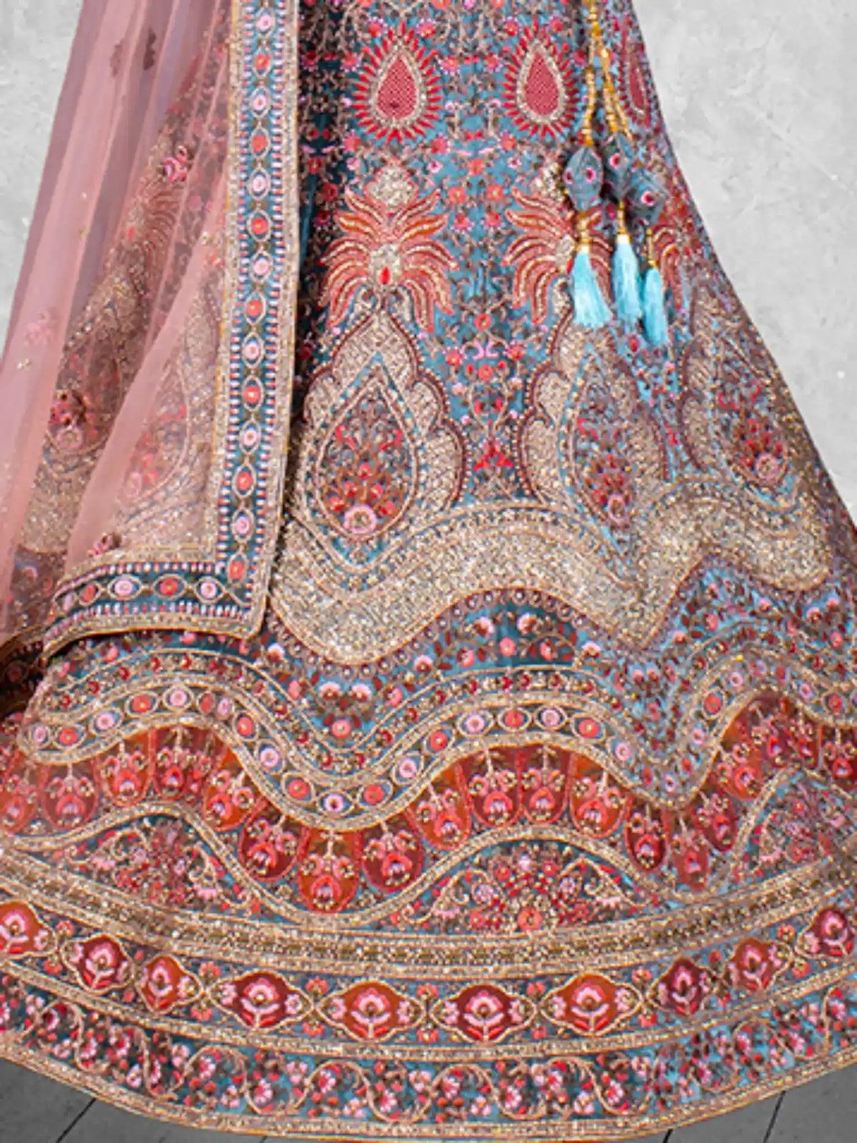 Teal Blue Heritage Embroidered Velvet Semi-Stitched Brides Lehenga Choli - Detail View 2