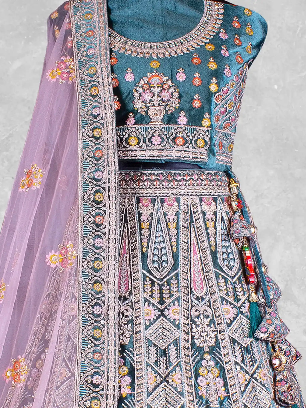 Teal Peacock Green Hand Embroidered Velvet Semi-Stitched Brides Lehenga Choli - Detail View 1