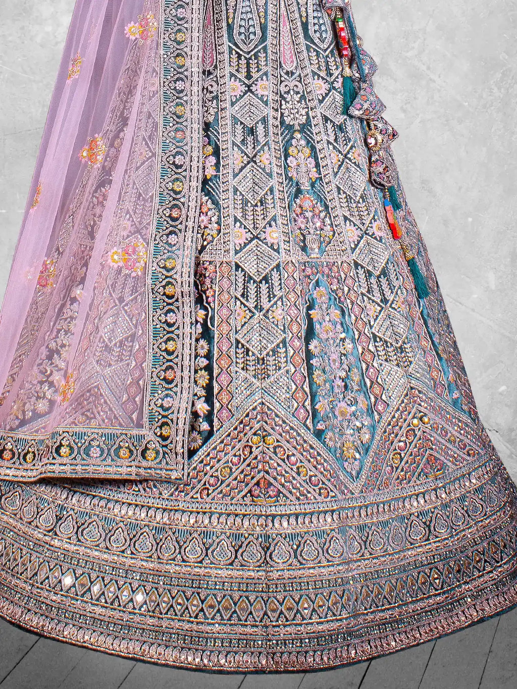 Teal Peacock Green Hand Embroidered Velvet Semi-Stitched Brides Lehenga Choli - Detail View 2