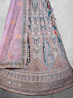 Teal Peacock Green Hand Embroidered Velvet Semi-Stitched Brides Lehenga Choli - Detail View 2