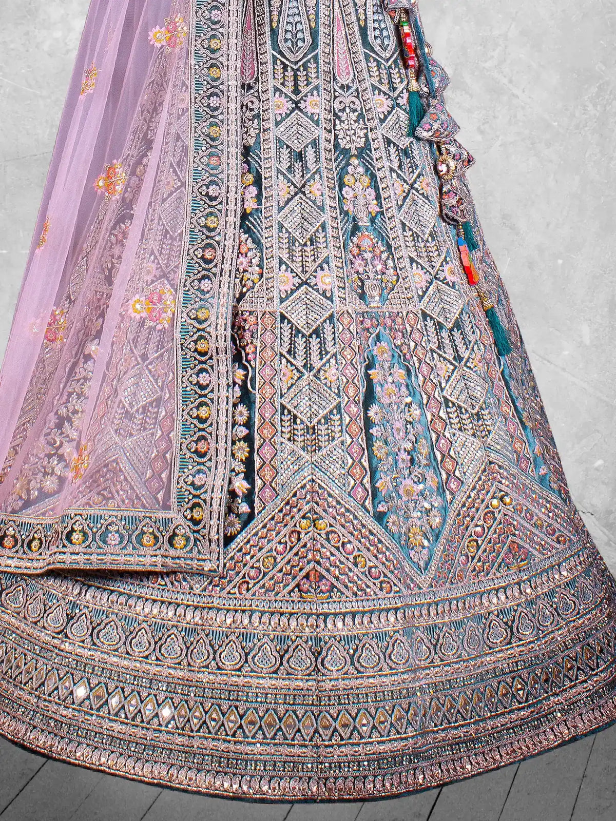 Teal Peacock Green Hand Embroidered Velvet Semi-Stitched Brides Lehenga Choli - Detail View 2