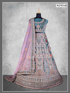 Teal Peacock Green Hand Embroidered Velvet Semi-Stitched Brides Lehenga Choli - Fabric Close-up