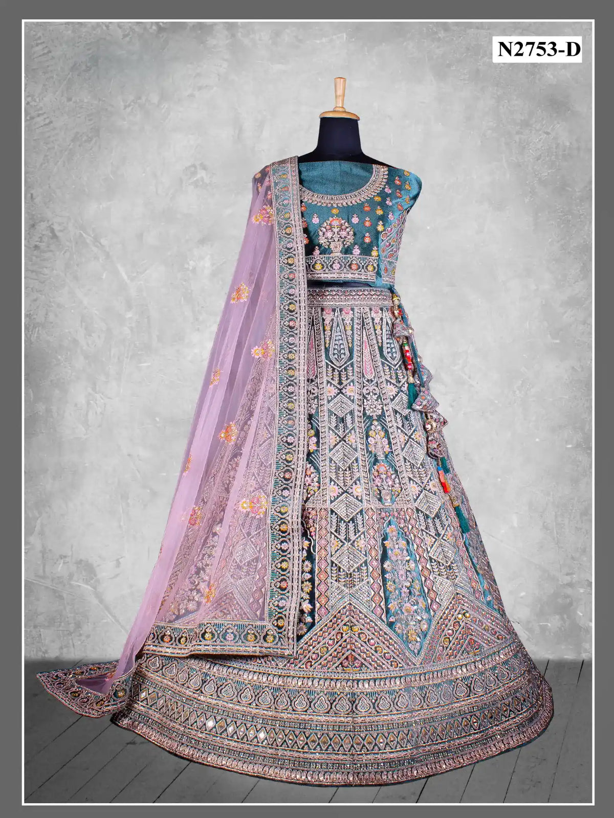 Teal Peacock Green Hand Embroidered Velvet Semi-Stitched Brides Lehenga Choli - Fabric Close-up