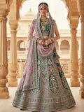 Teal Peacock Green Hand Embroidered Velvet Semi-Stitched Brides Lehenga Choli