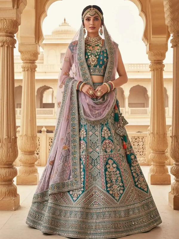 Teal Peacock Green Hand Embroidered Velvet Semi-Stitched Brides Lehenga Choli - Front View