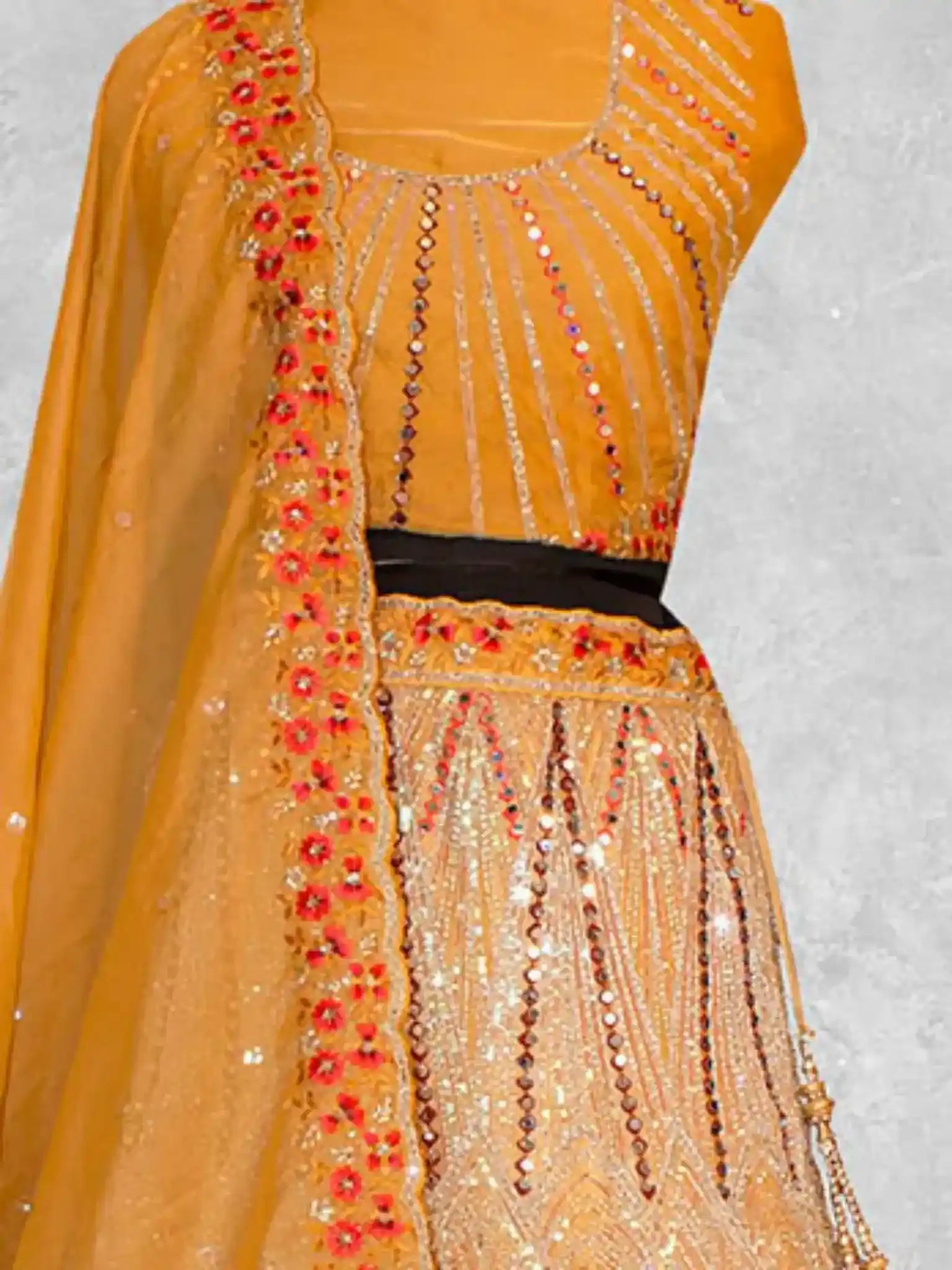 Mustard Gold Swarovski & Mirror Embroidered Organza Tissue Semi-Stitched Wedding Lehenga Choli - Detail View 1