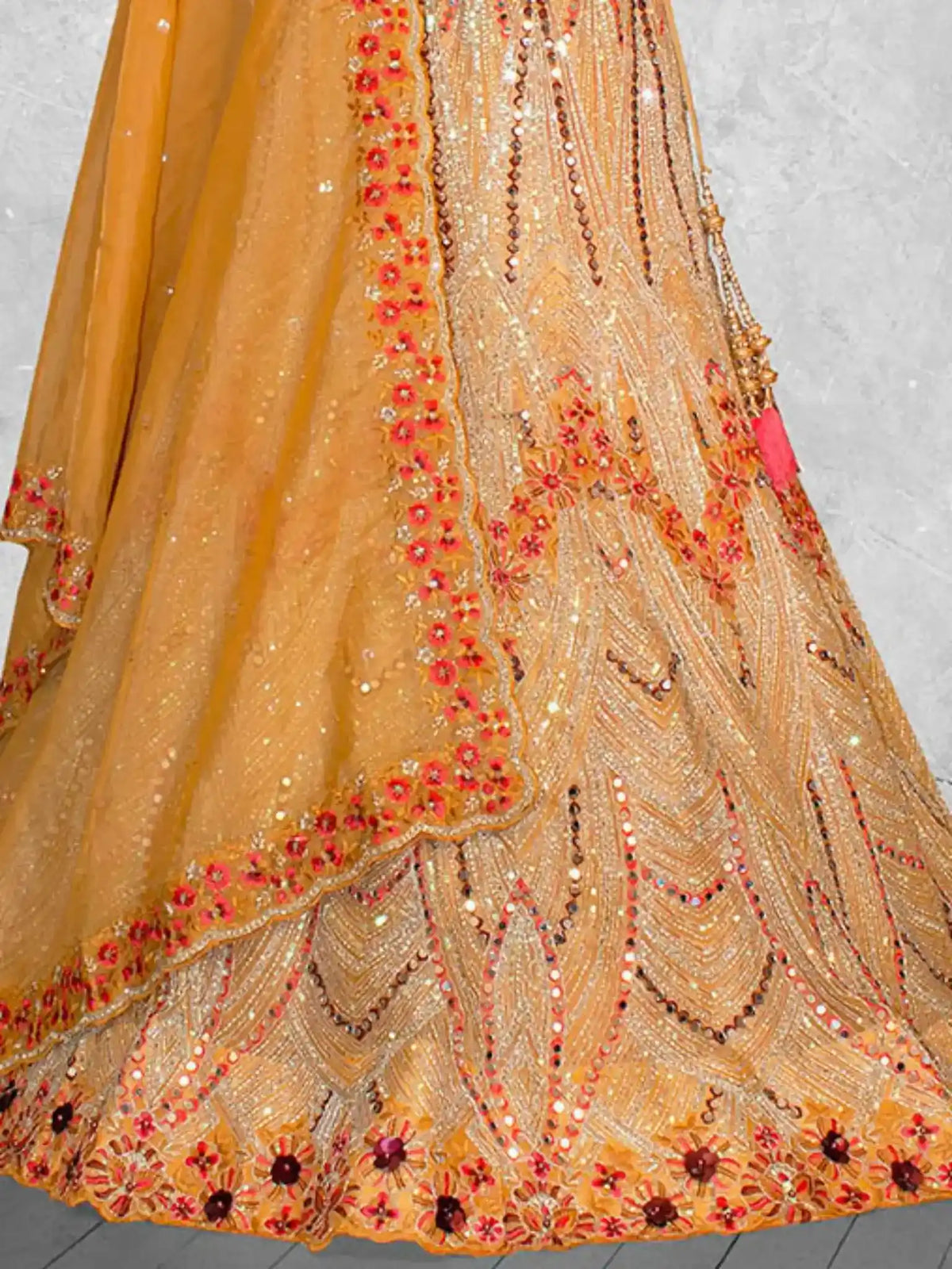Mustard Gold Swarovski & Mirror Embroidered Organza Tissue Semi-Stitched Wedding Lehenga Choli - Detail View 2
