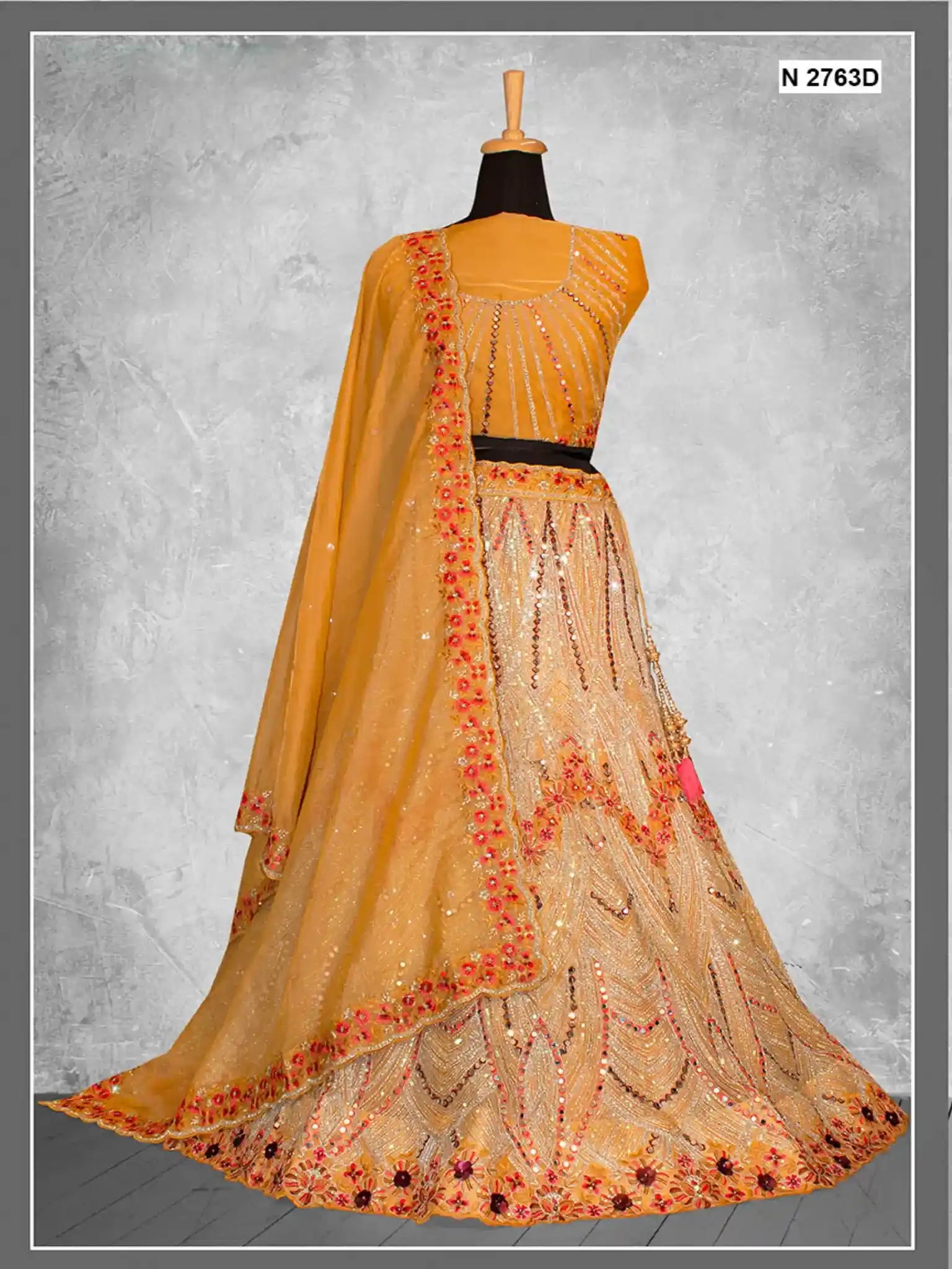 Mustard Gold Swarovski & Mirror Embroidered Organza Tissue Semi-Stitched Wedding Lehenga Choli - Fabric Close-up