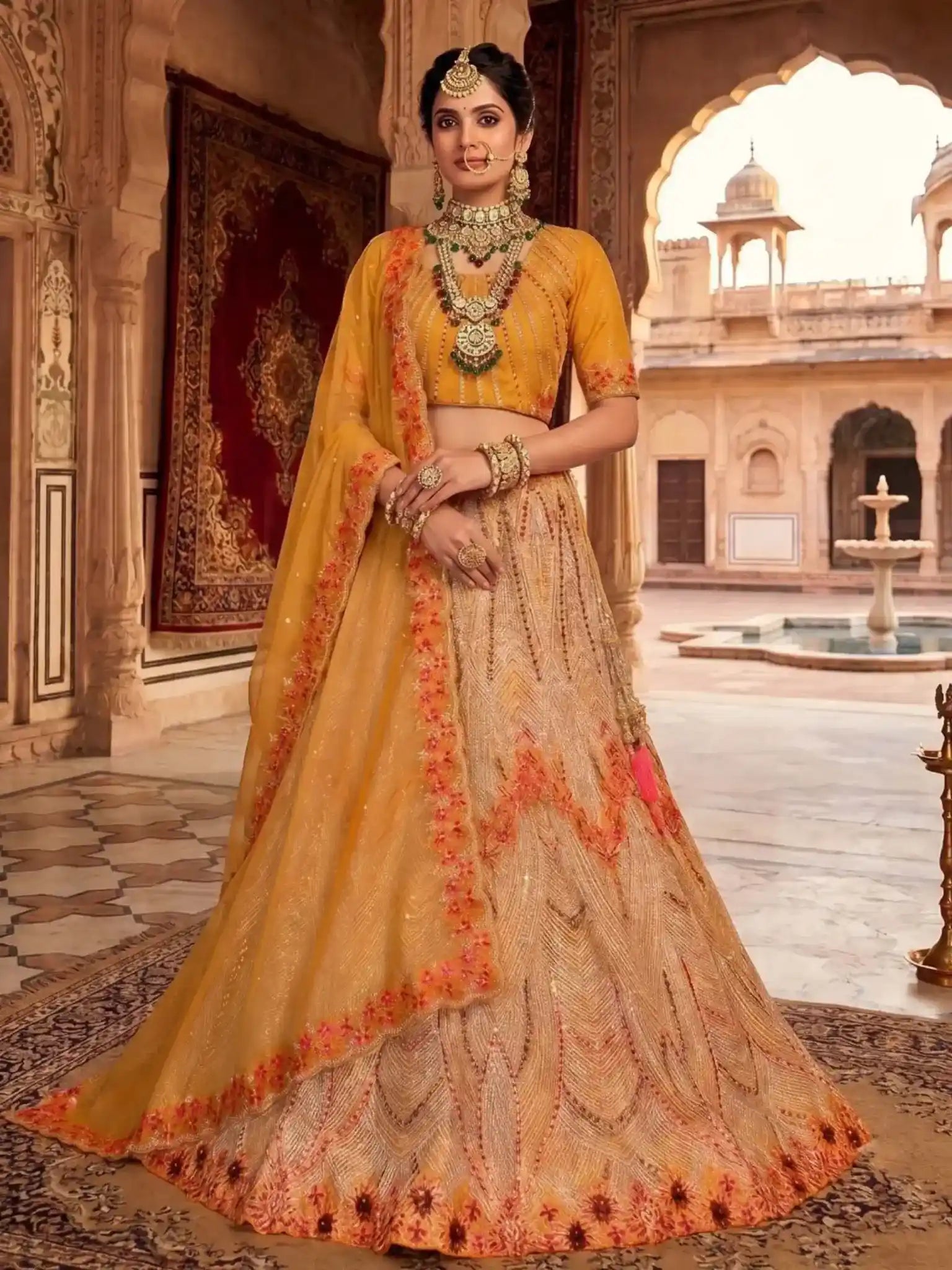 Mustard Gold Swarovski & Mirror Embroidered Organza Tissue Semi-Stitched Wedding Lehenga Choli - Front View