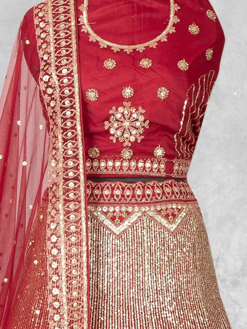 Maroon Heavy Sequin Embroidered Velvet Semi-Stitched Brides Lehenga Choli - Detail View 1