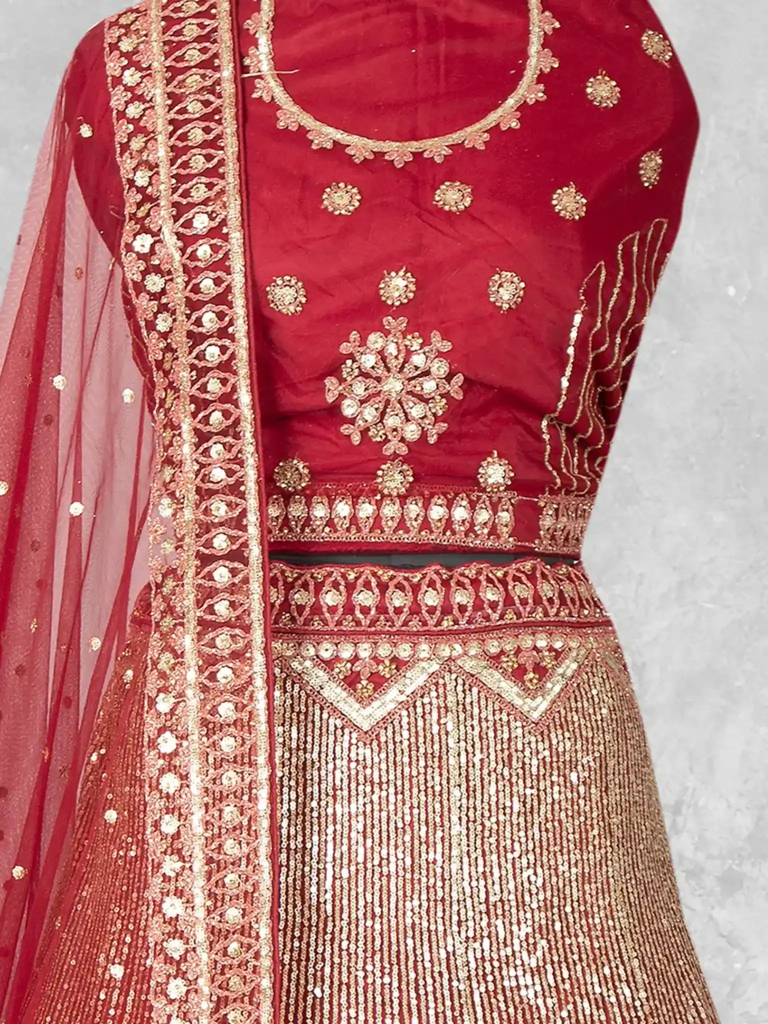 Maroon Heavy Sequin Embroidered Velvet Semi-Stitched Brides Lehenga Choli - Detail View 1