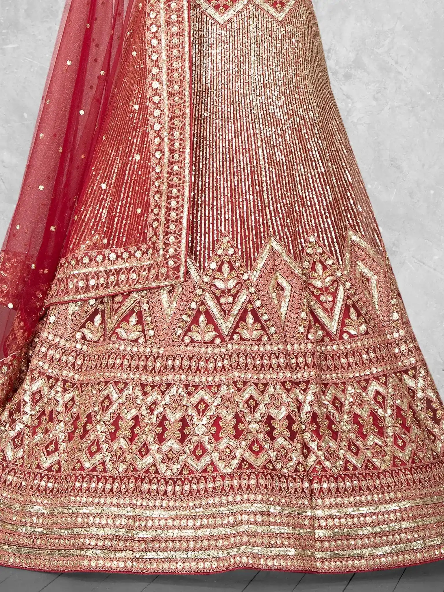 Maroon Heavy Sequin Embroidered Velvet Semi-Stitched Brides Lehenga Choli - Detail View 2