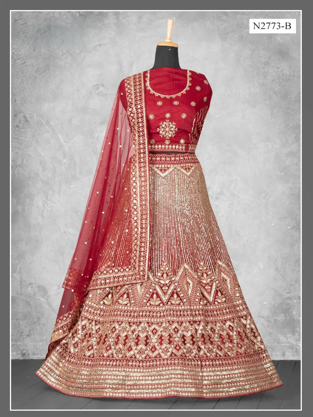 Maroon Heavy Sequin Embroidered Velvet Semi-Stitched Brides Lehenga Choli - Fabric Close-up