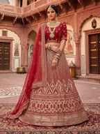 Maroon Heavy Sequin Embroidered Velvet Semi-Stitched Brides Lehenga Choli - Front View
