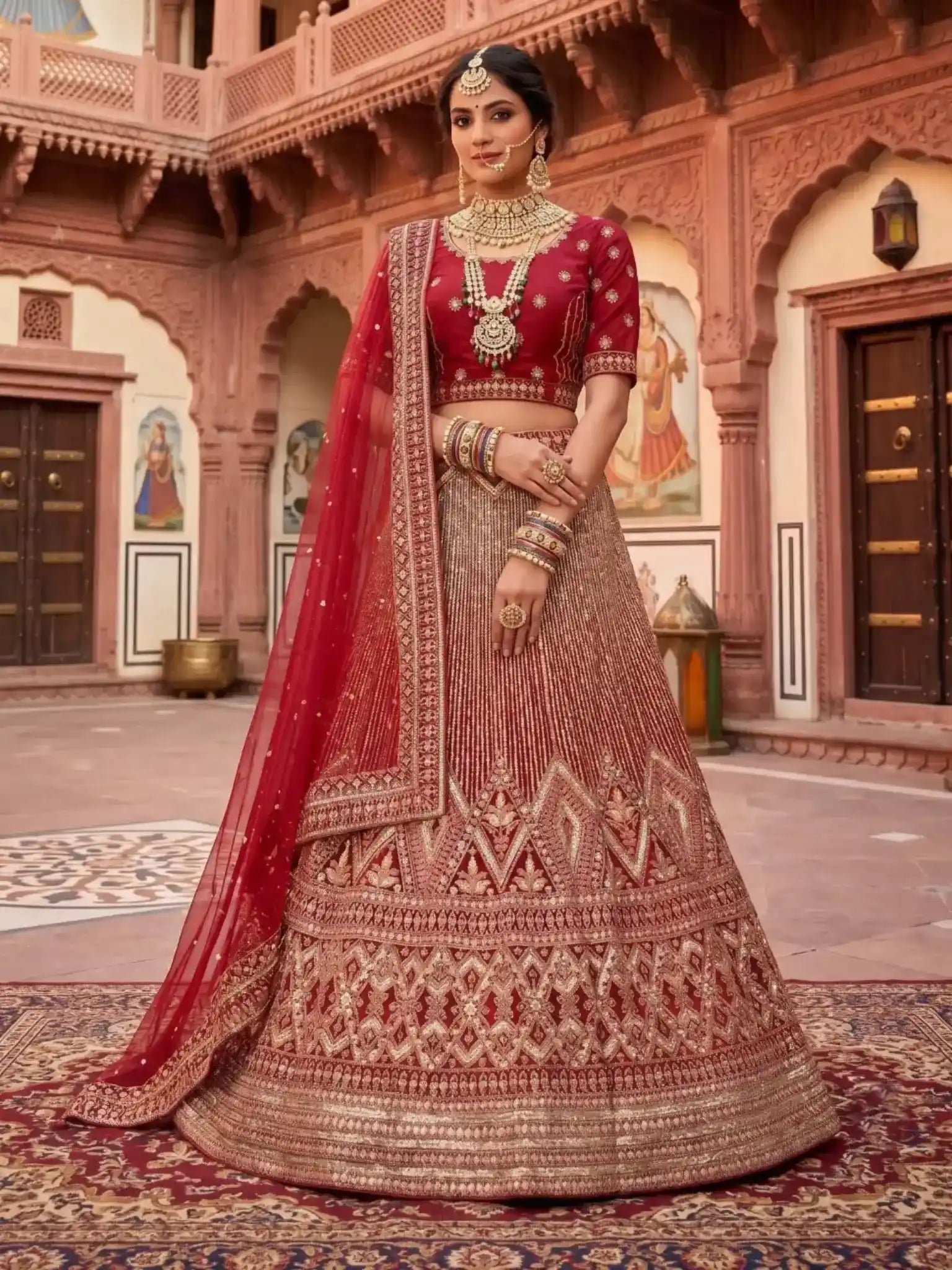 Maroon Heavy Sequin Embroidered Velvet Semi-Stitched Brides Lehenga Choli - Front View