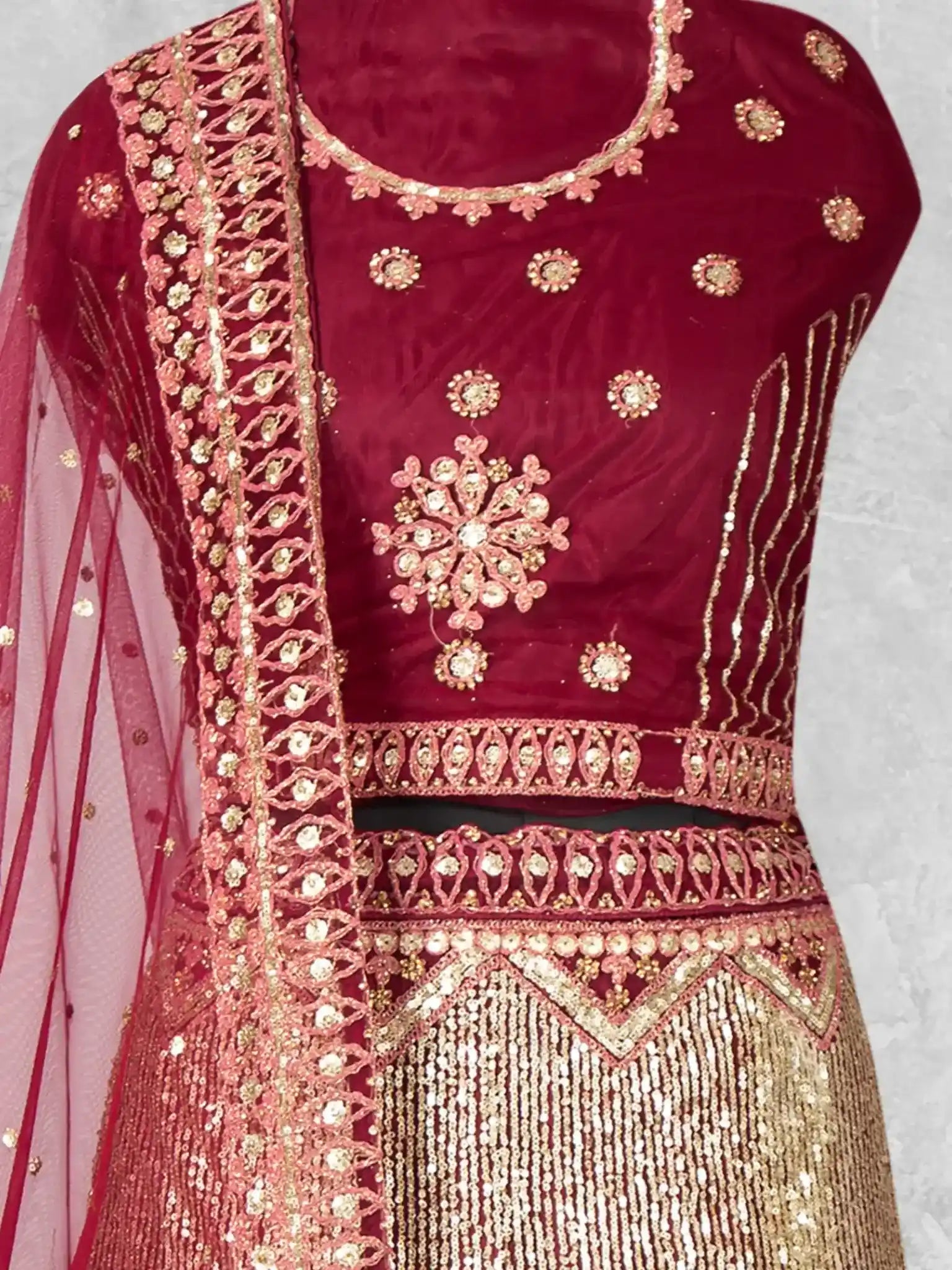 Wine Burgundy Sequin Embroidered Velvet Semi-Stitched Brides Lehenga Choli - Detail View 1