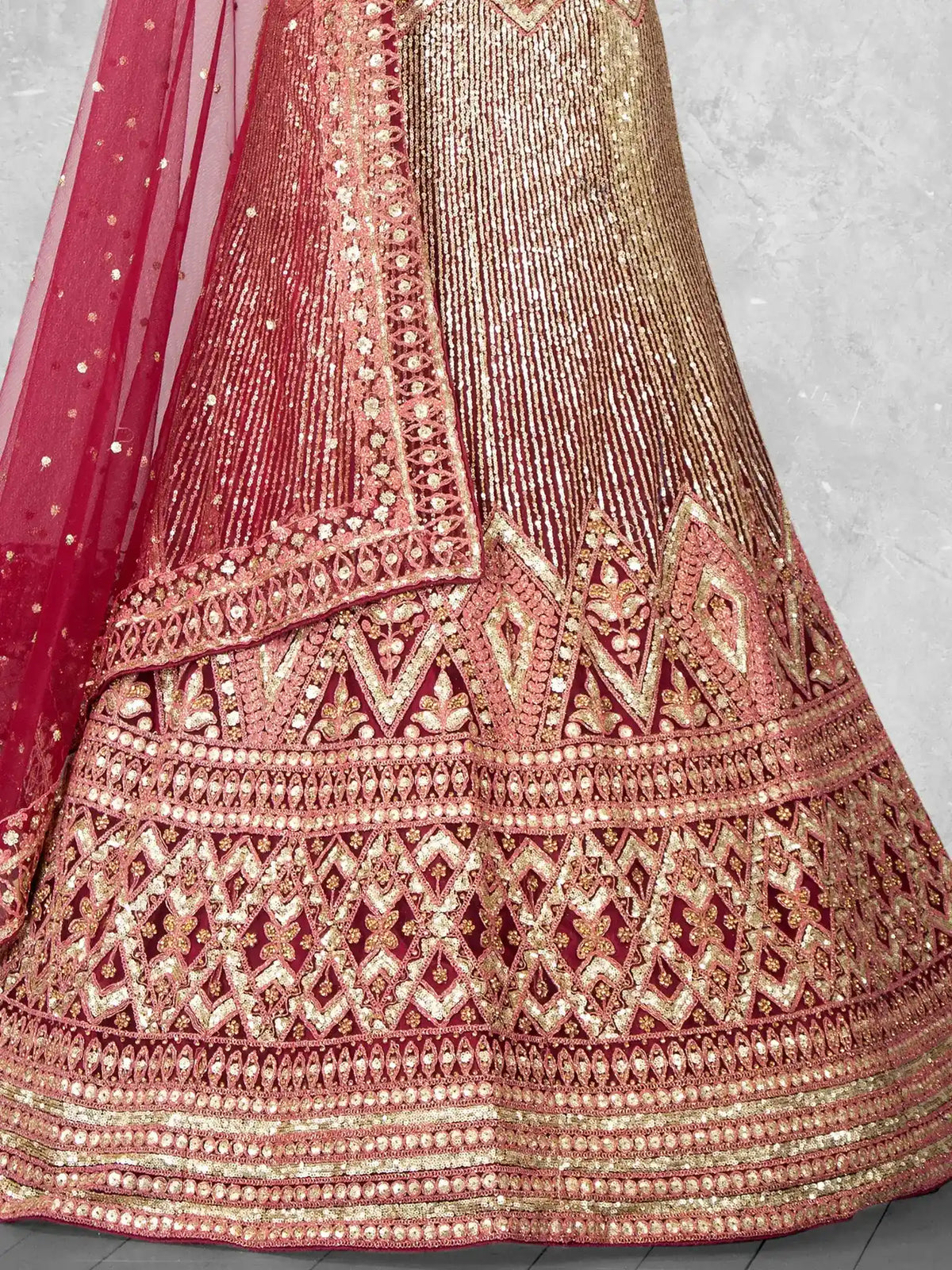 Wine Burgundy Sequin Embroidered Velvet Semi-Stitched Brides Lehenga Choli - Detail View 2