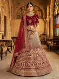 Wine Burgundy Sequin Embroidered Velvet Semi-Stitched Brides Lehenga Choli