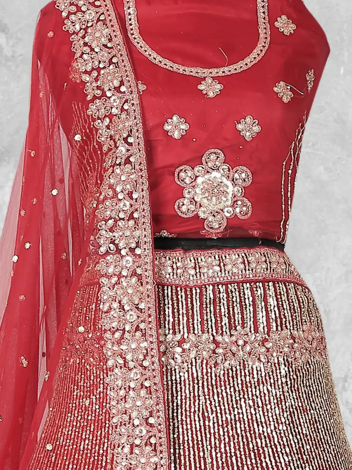 Maroon Medallion Embroidered Velvet Semi-Stitched Brides Lehenga Choli - Detail View 2