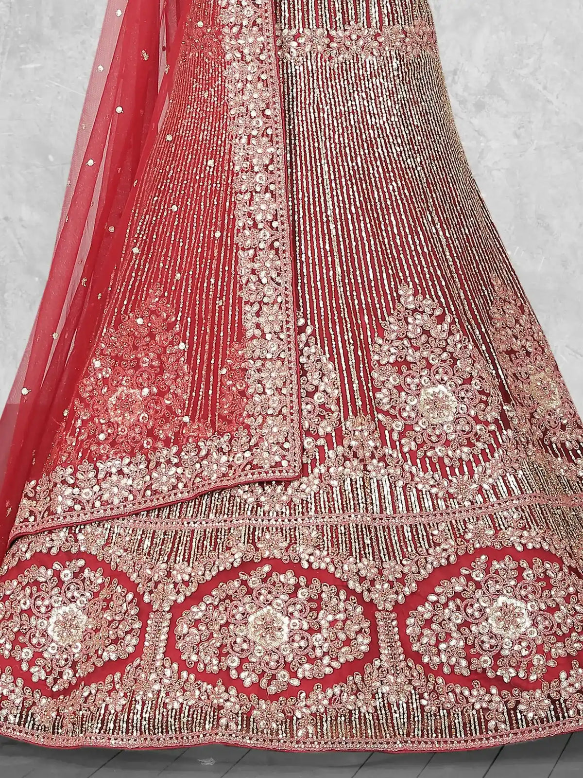 Maroon Medallion Embroidered Velvet Semi-Stitched Brides Lehenga Choli - Detail View 1