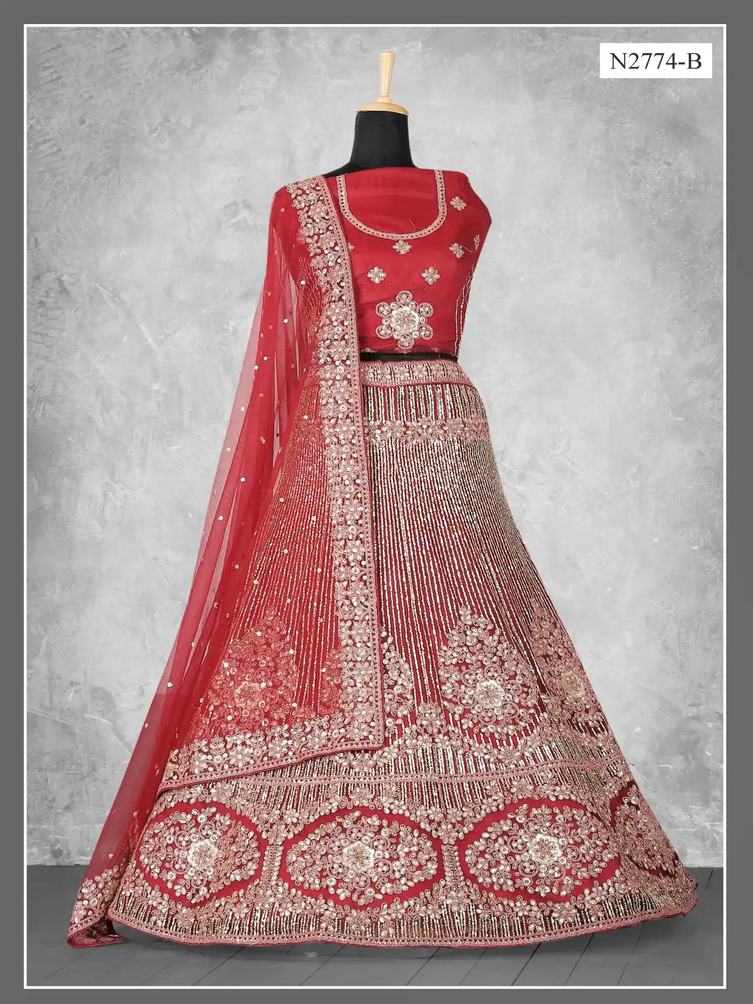 Maroon Medallion Embroidered Velvet Semi-Stitched Brides Lehenga Choli - Fabric Close-up