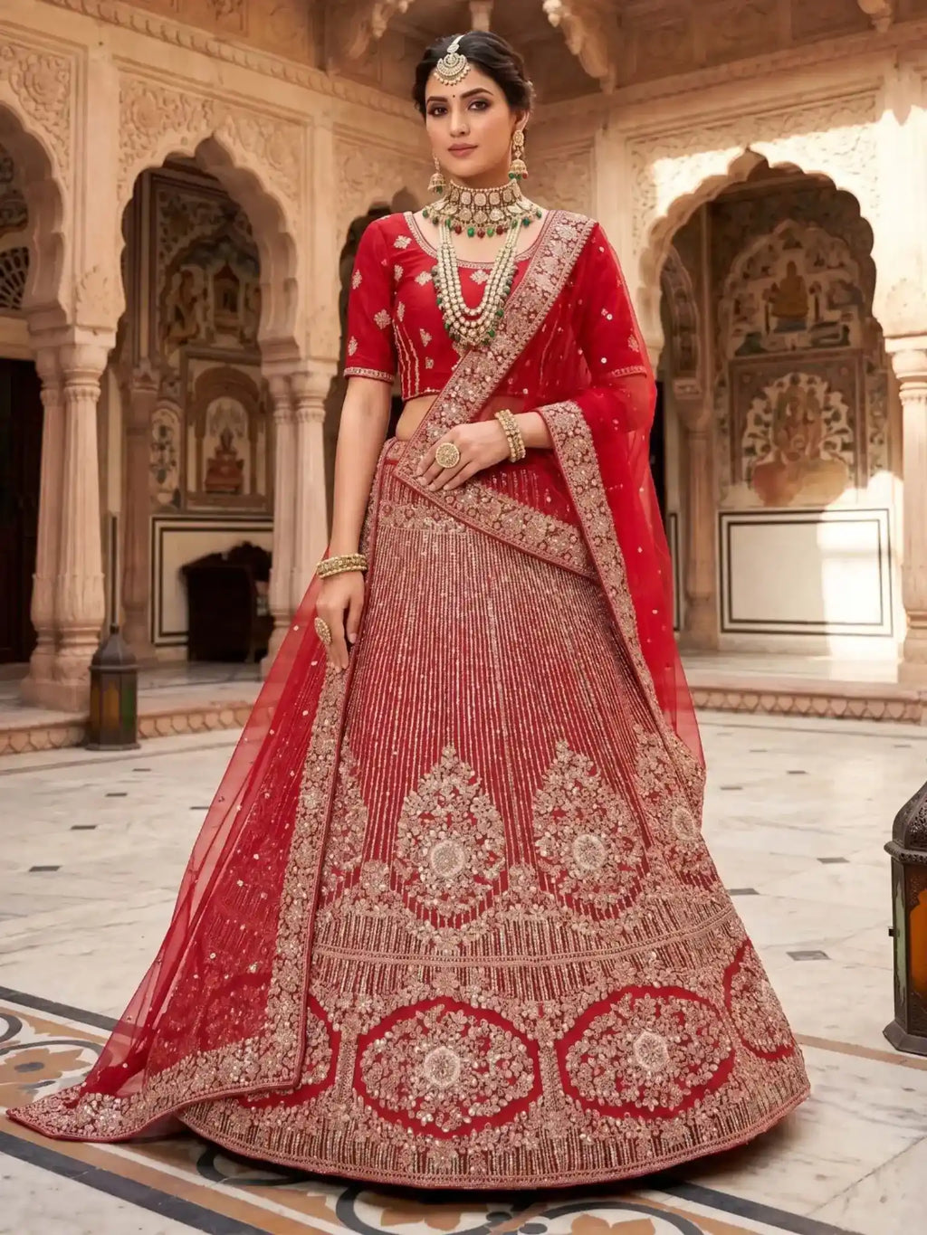 Maroon Medallion Embroidered Velvet Semi-Stitched Brides Lehenga Choli - Front View